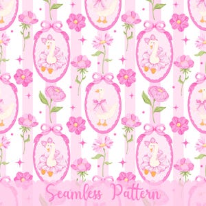 May include: Seamless pattern featuring a repeating design of pink framed geese wearing bows and tutus, alternating with pink flowers and stars on a striped background. The text "Seamless Pattern" is at the bottom.