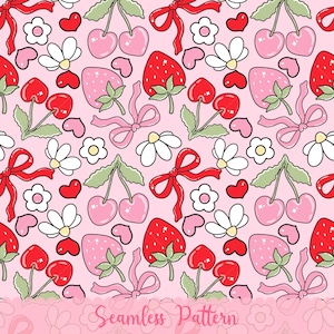 Coquette jordgubb körsbär rosetter sömlösa mönster, söta rosetter digitalt papper, kawaii söt fruktmönster