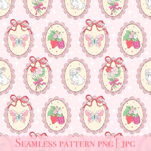 May include: A seamless pattern featuring a pink background with white stars. The pattern includes a variety of images, including butterflies, rabbits, bouquets of flowers, and strawberries, all framed in oval-shaped frames with a lace border.
