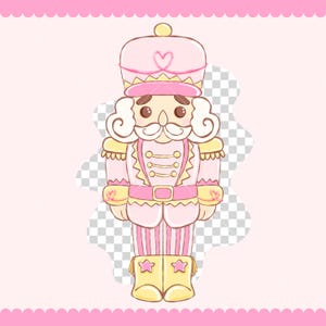 May include: A pink and yellow cartoon illustration of a nutcracker soldier. The nutcracker has a pink hat with a heart, a white mustache, and a pink uniform with yellow accents. The background is a light pink with a decorative border.