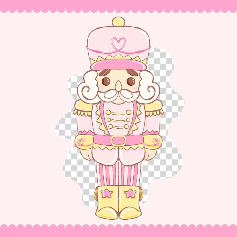 May include: A pink and yellow cartoon illustration of a nutcracker soldier. The nutcracker has a pink hat with a heart, a white mustache, and a pink uniform with yellow accents. The background is a light pink with a decorative border.