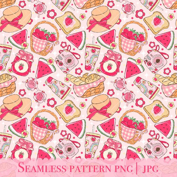 Coquette Picnic Seamless Pattern: Retro Summer Design (PNG, JPG)