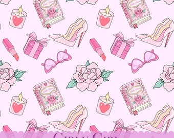 Pink Girly Seamless Pattern, Coquette Fabric Design (PNG, JPG)