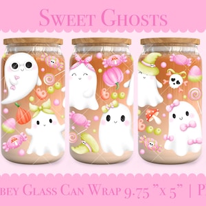 Sweet Halloween Ghosts 16oz Libbey Glass Can Wrap Png Coquette Ghost Glass Wrap Trendy Cute Cup Wrap Candy Halloween Coffee Glass Wrap png