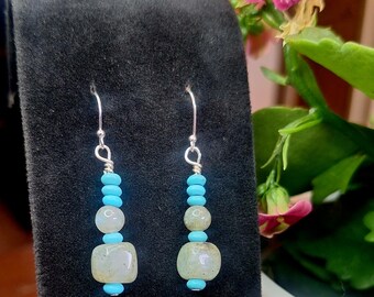 Labradorite and Turquoise Drop Earrings, Minimalist, Semi-precious Gemstones and Serling Silver Hooks, Western Wear, Boho Accessory