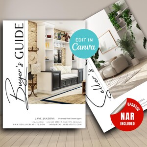 May include: A real estate guide for buyers and sellers. The guide features a photo of a modern home interior with a built-in bench and shelves. The guide is editable in Canva and includes updated NAR information.