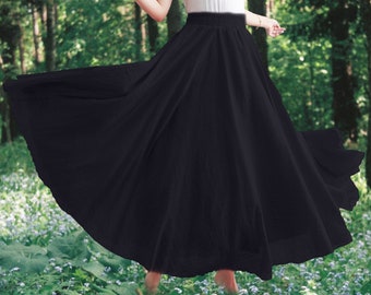 Linen Skirt, Stretch Skirt, Elastic Waist, Black Skirt, Women's Clothing