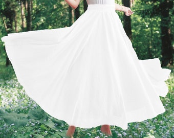 Falda de algodón de lino, cintura elástica, cintura elástica, falda blanca, falda maxi