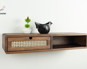 Floating Console Table With Rattan Drawer & Shelf, Entryway Table, TV Stand, Hallway Wooden Table, Solid Oak Wood Table