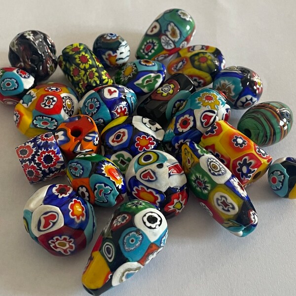 Vintage Venetian MILLEFIORI Bead Set, 23 Exquisite Pieces in Various shapes and Sizes, Authentic Murano, Versatile for Colourful Jewellery.