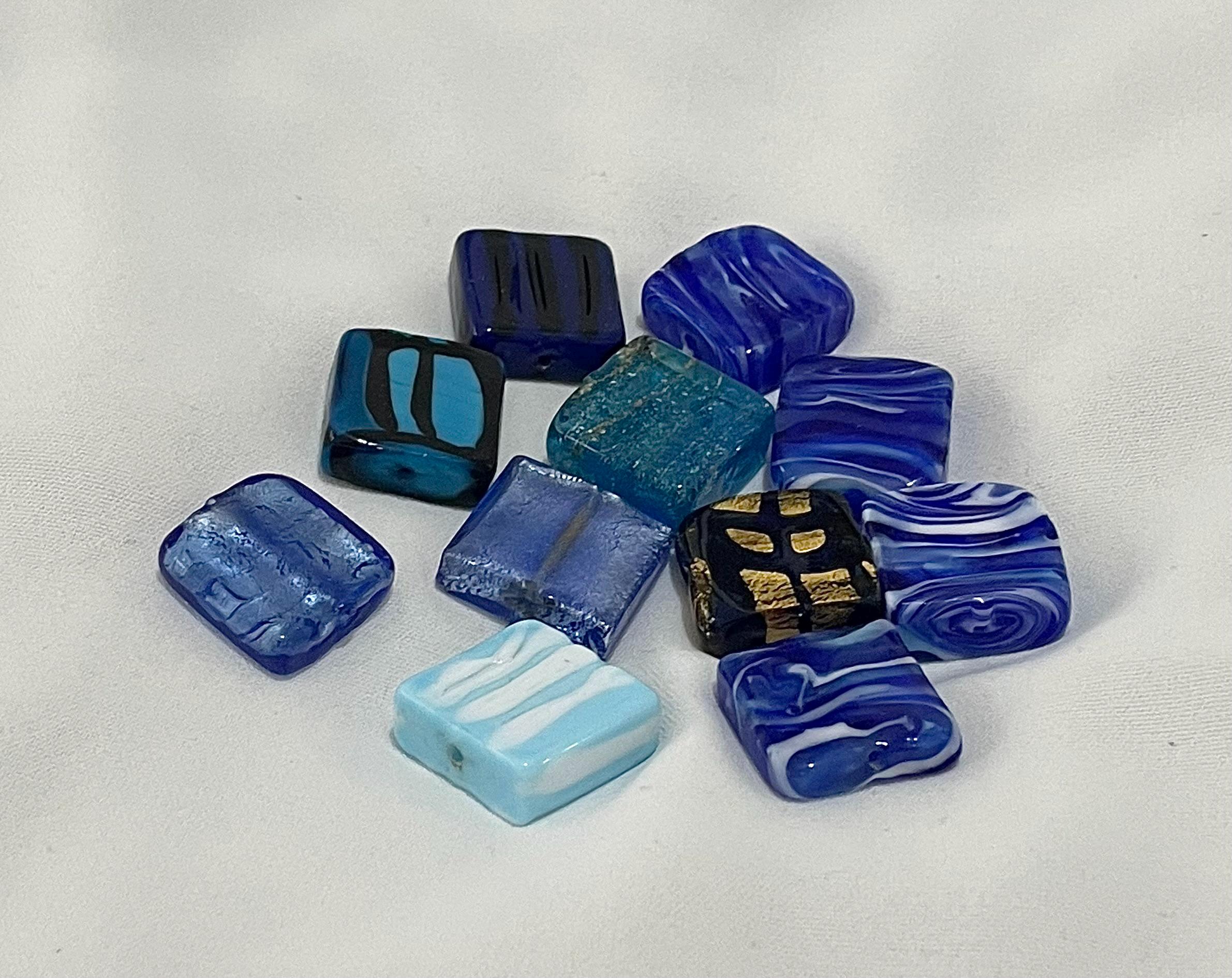 11 Vintage Murano Square Beads, Hues of Blue Enriched with Aventurine, Gold Foil or Silver Foil or just plain, Authentic Venetian Bead. SQ01