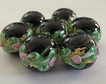 4 pastel de bodas veneciano vintage, enormes cuentas de Fiorato, vidrio redondo de Murano Sommerso negro con flor rosa, lámina de oro en el interior, perlas elegantes