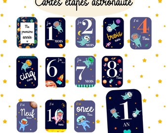 Baby-Meilensteinkarten - 13 Meilensteinkarten mit Astronauten- und Tiermotiven - Monatskarten - Geburtsandenken - Baby-Fortschrittskarten