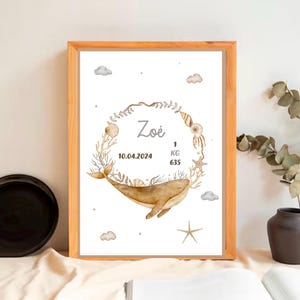 Affiche décorative chambre enfant - Personnalisable : Prénom - Date de naissance et poids de naissance - Motif baleine or