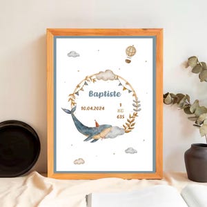 Affiche décoration murale - Chambre enfant - Motif baleine bleu - Personnalisation au prénom de l'enfant, date et poids de naissance