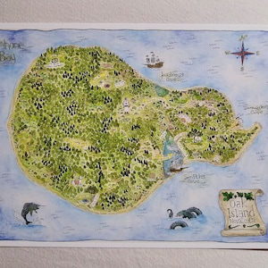 Oak Island Map New Discoveries, impressão de arte de 7" x 5". Oak Island, mapa, tesouro, Nova Escócia, navio pirata, monstro, novo, descobertas, árvores