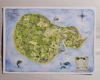 Oak Island Map New Discoveries, 7" x 5" art print. Oak Island, map, treasure, Nova Scotia, pirate ship, monster, new, discoveries, trees