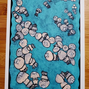 Jellyfish Congregation,  5&quot; x 7&quot; art print. A gathering of Jellyfish, water, watercolor gouache on black paper