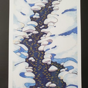 Snow Rock River, 5" x 7" art print. Mixed Media print, snow, river, rocks, flowing water