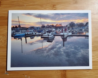 Dramatic Clouds over the East Dock, Suisun City. 5" x 7" art print. Photo print, Waterfront, clouds, dock, boats, reflection, buildings