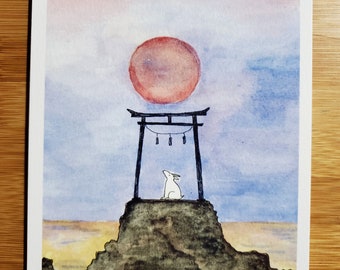 Rabbit Sunrise, 5" x 7" art print. Watercolor print, rabbit, sunrise, ocean temple, ocean, water, sun, landscape