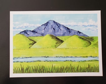 Rolling Hills and Mountain,  5" x 7" art print. Alcohol markers print, landscape, rolling hills, mountain, water, California