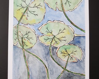 Lily Pond, 5" x 7" art print. Watercolor print, landscape, lily pads, lilies, underwater