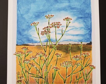 Marsh View: Flower Sky, 5" x 7" art print. Mixed Media print, sunny day, Marsh, flowers, Goldenrod, sky, summer day