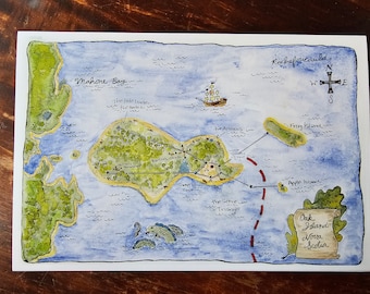 Oak Island Map ‐ 9" x 6" art print. Special Edition Full Size Oak Island, map, treasure, Nova Scotia, pirate ship, monster, ocean