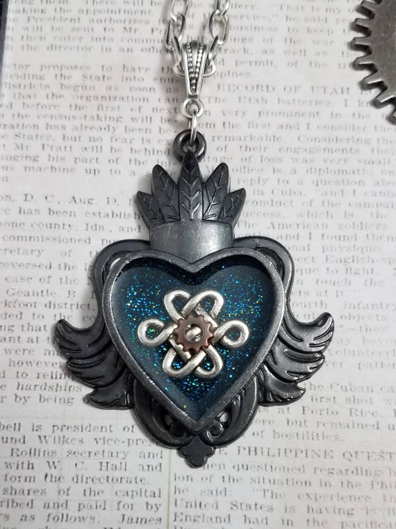Steampunk Small Winged Heart Pendant Necklace With Celtic Knot and 