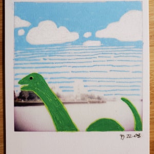 Waterfront Kaiju, recycled Instax painting,  5&quot; x 6&quot; art print. Recycling some old photos with Posca markers