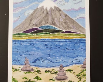 Stone Water Mountain, 5" x 7" art print. Watercolor print, water, stones, mountain, clouds, sea, landscape