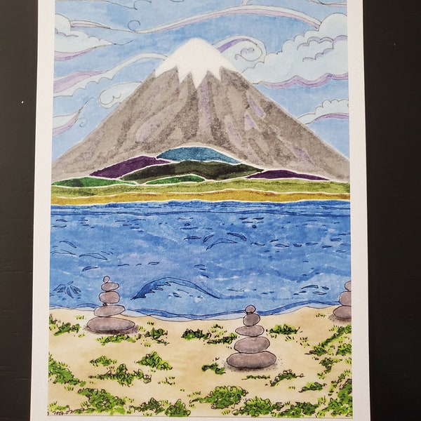 Stone Water Mountain, 5" x 7" art print. Watercolor print, water, stones, mountain, clouds, sea, landscape