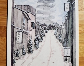 Snowy Street - Japanese street scene, 5" x 7" art print. Japan, Temple, Street, Snow, buildings, architecture, shops