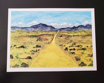 Road Leading Towards the Sky, 5" x 7" art print. Watercolor print, landscape, mountains, clouds, dirt road, desert, Area 51