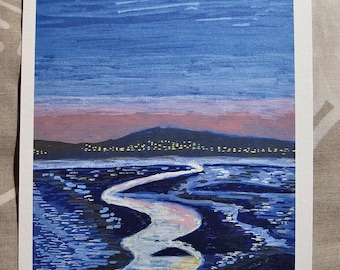 Über der Bucht bei Sonnenuntergang, Acryl. Kunstdruck, 13cm x 18cm. Sonnenuntergang, Meer, Wasser, San Francisco, Bay Area, Stadtlichter