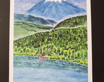 Mountain Forest Tori, 5" x 7" art print. Watercolor print, water, tori, temple, forest, trees, mountain, fog, sea, landscape