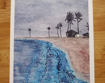 Bioluminescence Beach, 5" x 7" art print. Ocean, beach, waves, water, palm trees, cabanas, stars, nighttime, watercolor print