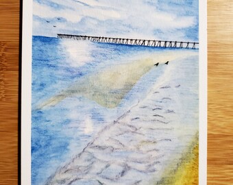 Beach Pier, 5" x 7" art print. Watercolor print, beach, pier, ocean, birds, clouds, water, gentle waves, sunny day