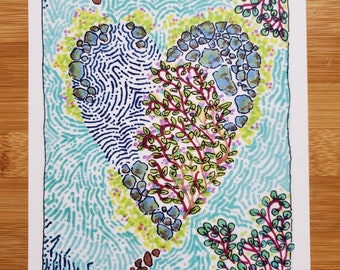 Ocean Heart, 5" x 7" art print. Ocean, island, waves, plants, rocks, water, heart, watercolor print