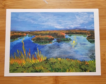 Marsh View Sunny Day, 7" x 5" art print. Suisun Marsh, sunny, day, water, plants, clouds, marsh