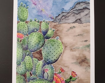 Cactus Valley Galaxy, 5" x 7" art print. Watercolor print, landscape, cactus, valley, mountain, stars, galaxy, nighttime