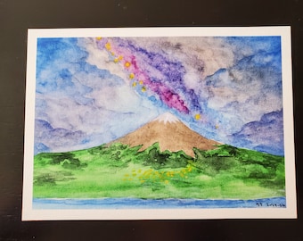 Mountain Galaxy (August 2023), 5" x 7" art print. Watercolor print, landscape, mountain, stars, galaxy, nighttime, sea, forest