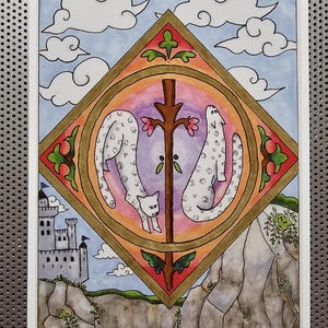 As de baguettes léopard des neiges, marqueurs à alcoolémie. Impression d'art 5 x 7 pouces, page d'un livre de coloriage, chats, château, rochers, coloré, tarot, as, baguettes, léopards