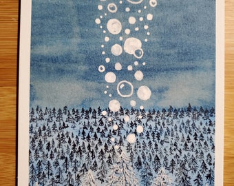 Snow Forest, 5" x 7" art print. Mountain, trees, forest, stars, nighttime, snow, watercolor print