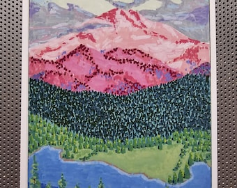 May include: A painting depicting a dreamy mountain view, featuring a pink mountain peak, green trees, and a blue lake. The painting is titled "Dreamy Mountain View".