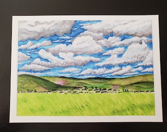 Sky Full of Clouds (verson 2), 5" x 7" art print. Watercolor print, landscape, sky, clouds, hills, village, green fields