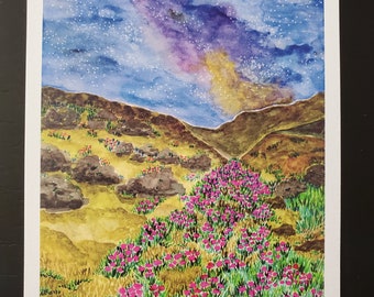 Flower Valley Galaxy, 5" x 7" art print. Watercolor print, pink flowers, valley, night, galaxy, stars, nighttime