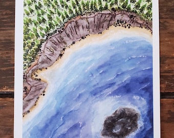 Ocean Cliff Forest ‐ 5" x 7" art print. Trees, Cliff, Waves, Rock