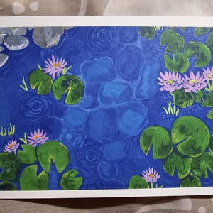Lily Pond, akwarela, gwasz. Wydruk artystyczny, 7&quot; x 5&quot;. Grzybienie, staw, lilia wodna, krajobraz, kolorowy